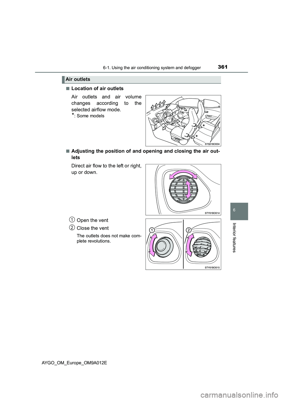 TOYOTA AYGO 2021  Owners Manual 3616-1. Using the air conditioning system and defogger
6
Interior features
AYGO_OM_Europe_OM9A012E■
Location of air outlets
Air outlets and air volume
changes according to the
selected airflow mode.