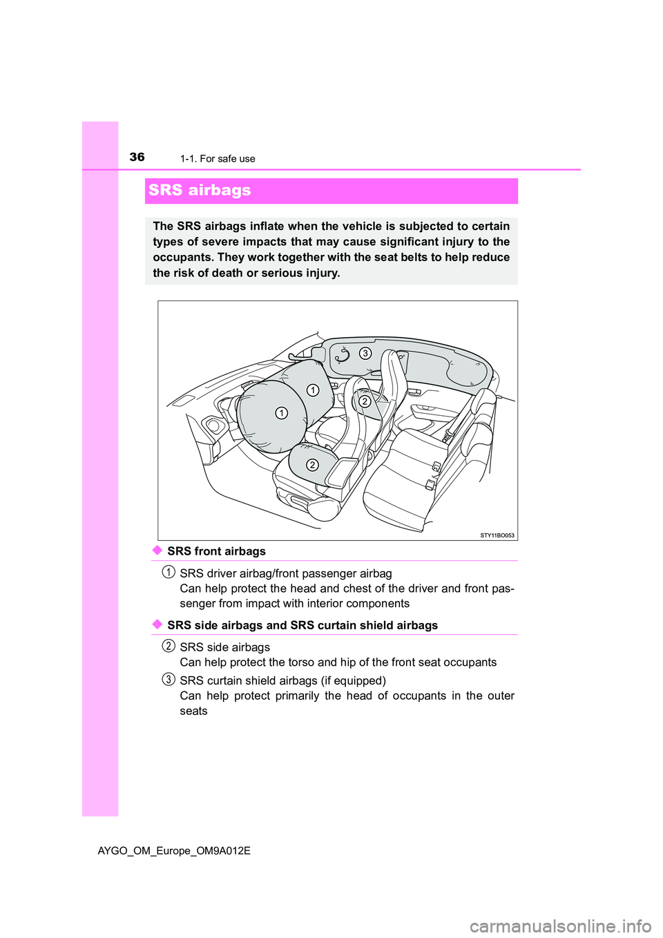 TOYOTA AYGO 2021  Owners Manual 361-1. For safe use
AYGO_OM_Europe_OM9A012E
SRS airbags
◆SRS front airbags 
SRS driver airbag/front passenger airbag 
Can help protect the head and chest of the driver and front pas- 
senger from im