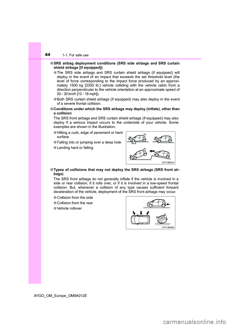 TOYOTA AYGO 2021  Owners Manual 441-1. For safe use
AYGO_OM_Europe_OM9A012E 
■ SRS airbag deployment conditions (SRS side airbags and SRS curtain 
shield airbags [if equipped]) 
● The SRS side airbags and SRS curtain shield airb