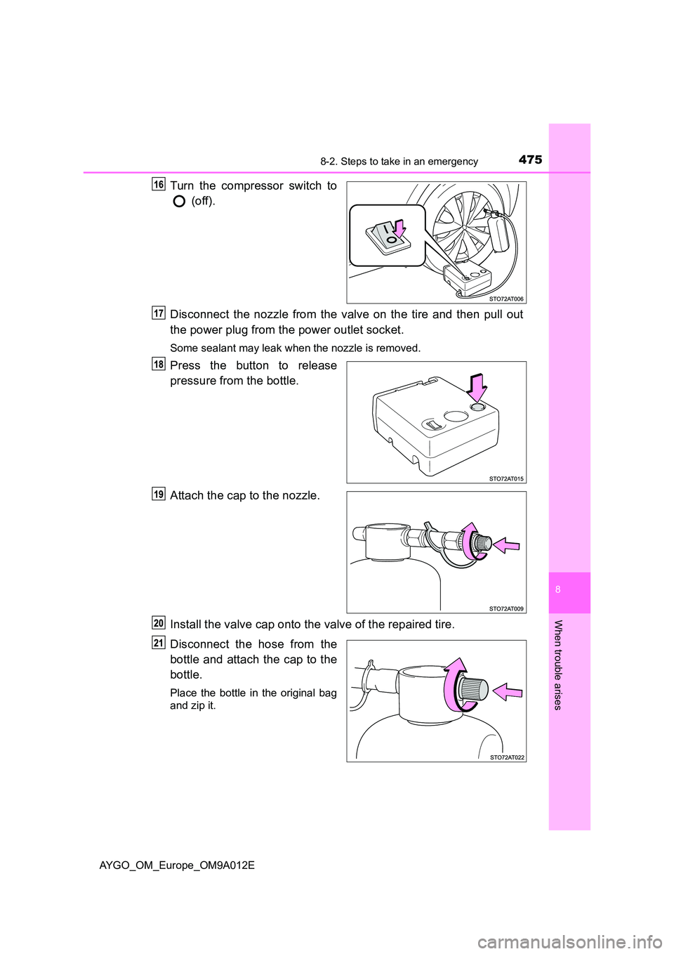 TOYOTA AYGO 2021  Owners Manual 4758-2. Steps to take in an emergency
8
When trouble arises
AYGO_OM_Europe_OM9A012E
Turn the compressor switch to
 (off). 
Disconnect  the  nozzle  from  the  valve  on  the  tire  and  then  pull  ou