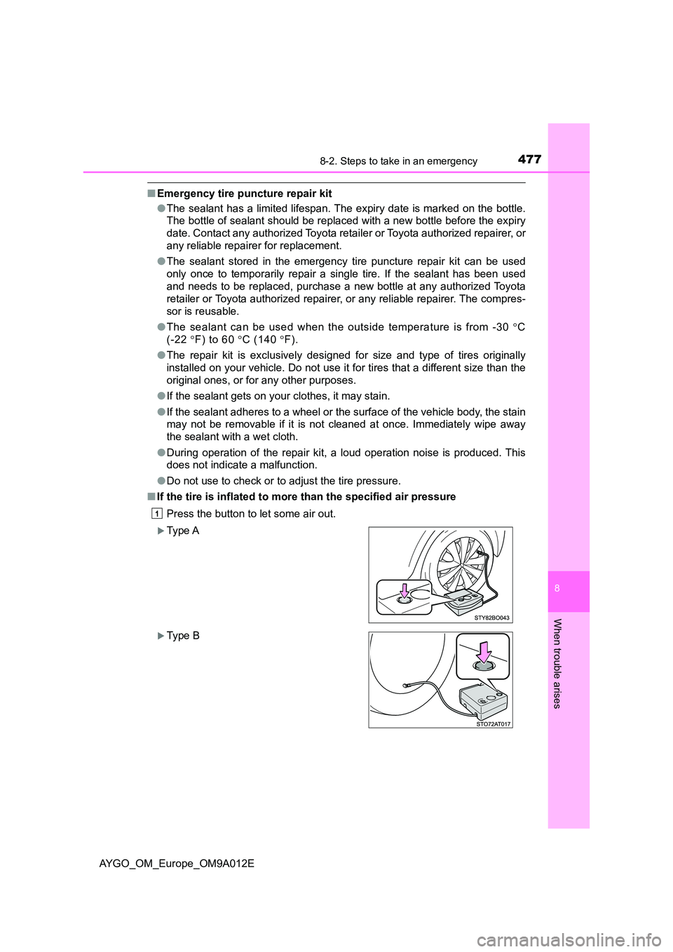 TOYOTA AYGO 2021  Owners Manual 4778-2. Steps to take in an emergency
8
When trouble arises
AYGO_OM_Europe_OM9A012E
■Emergency tire puncture repair kit 
● The sealant has a limited lifespan. The expiry date is marked on the bott