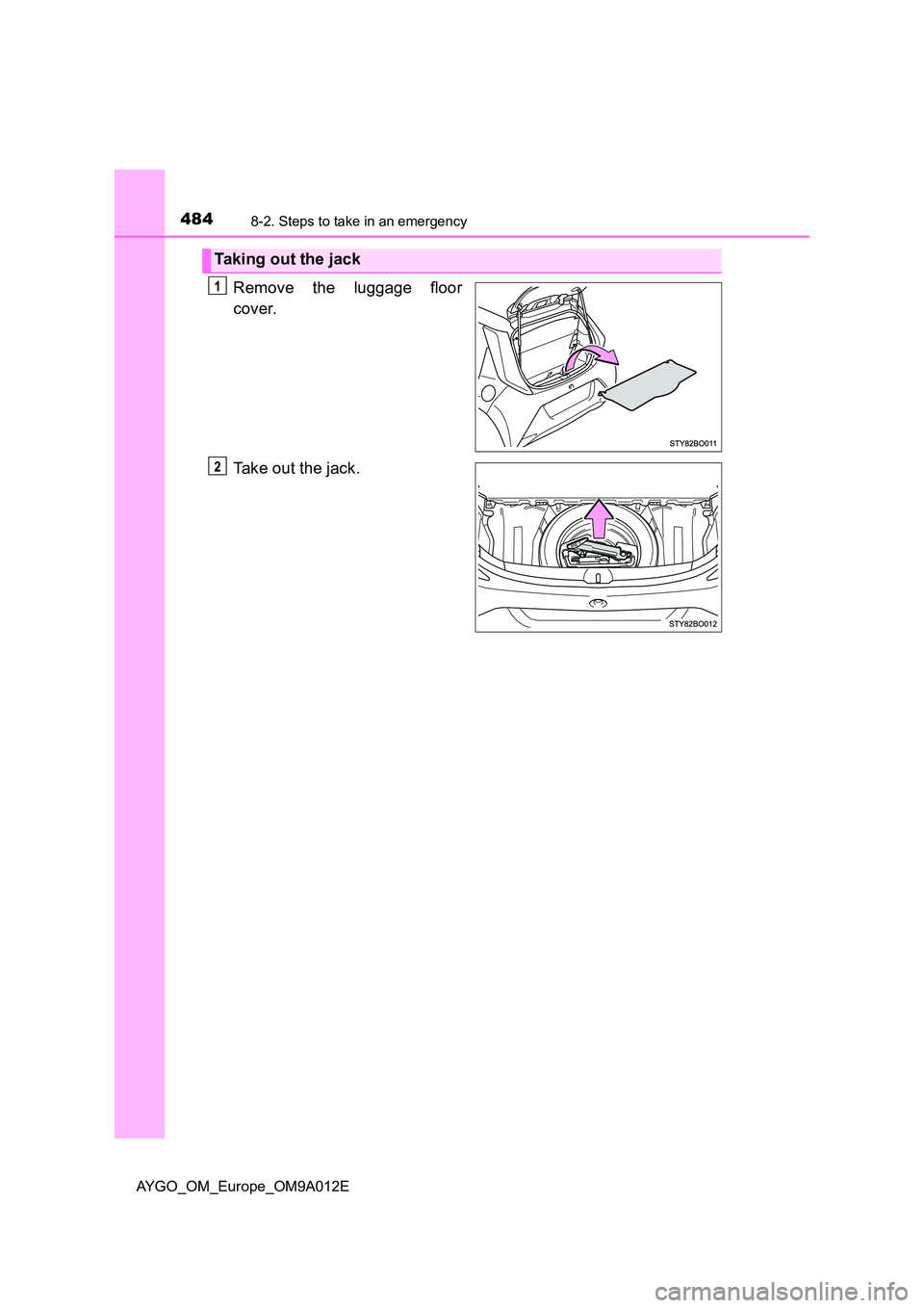 TOYOTA AYGO 2021  Owners Manual 4848-2. Steps to take in an emergency
AYGO_OM_Europe_OM9A012E
Remove the luggage floor 
cover. 
Take out the jack.
Taking out the jack 