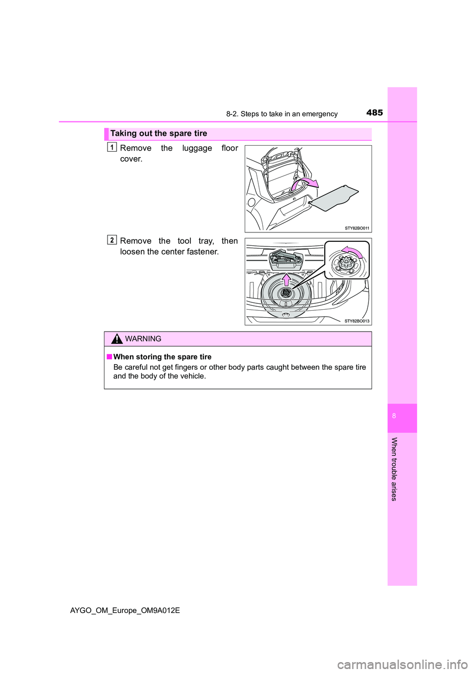 TOYOTA AYGO 2021  Owners Manual 4858-2. Steps to take in an emergency
8
When trouble arises
AYGO_OM_Europe_OM9A012E
Remove the luggage floor 
cover. 
Remove the tool tray, then 
loosen the center fastener.
Taking out the spare tire
