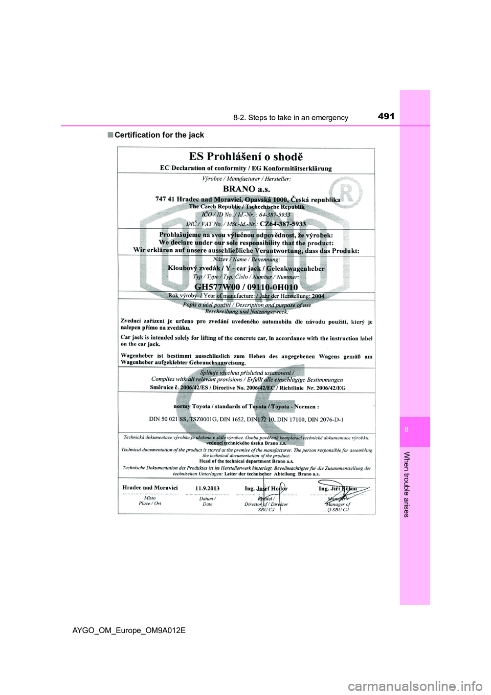 TOYOTA AYGO 2021  Owners Manual 4918-2. Steps to take in an emergency
8
When trouble arises
AYGO_OM_Europe_OM9A012E 
■ Certification for the jack 