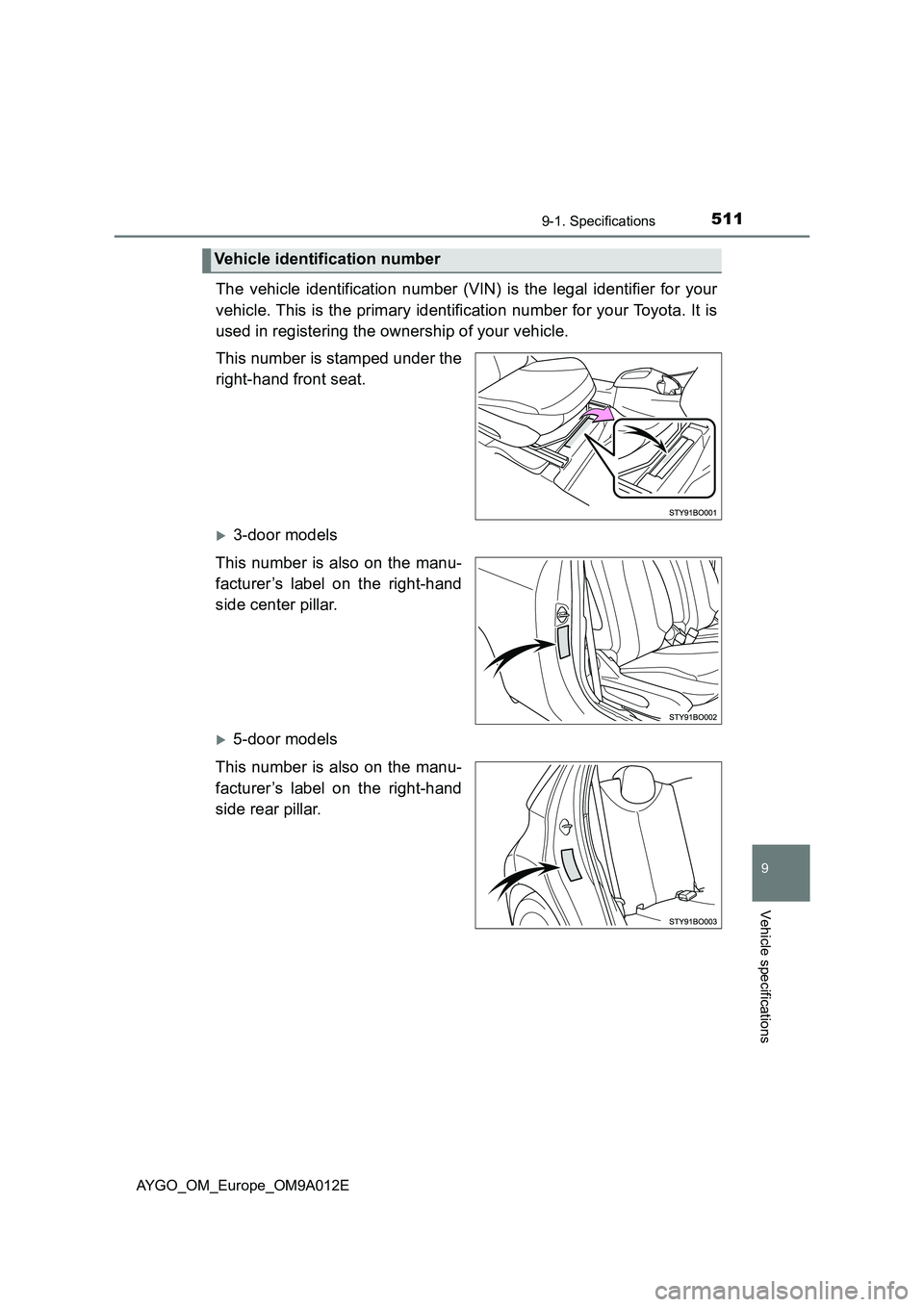 TOYOTA AYGO 2021  Owners Manual 5119-1. Specifications
9
Vehicle specifications
AYGO_OM_Europe_OM9A012E
The vehicle identification number (VIN) is the legal identifier for your
vehicle. This is the primary identification number for 