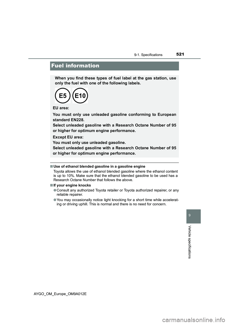 TOYOTA AYGO 2021  Owners Manual 5219-1. Specifications
9
Vehicle specifications
AYGO_OM_Europe_OM9A012E
Fuel information
■Use of ethanol blended gasoline in a gasoline engine
Toyota allows the use of ethanol blended gasoline where