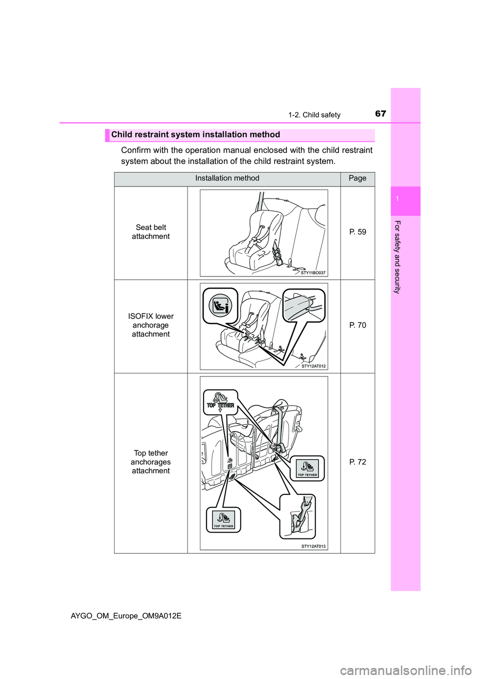 TOYOTA AYGO 2021  Owners Manual 671-2. Child safety
1
For safety and security
AYGO_OM_Europe_OM9A012E
Confirm with the operation manual enclosed with the child restraint 
system about the installation of the child restraint system.
