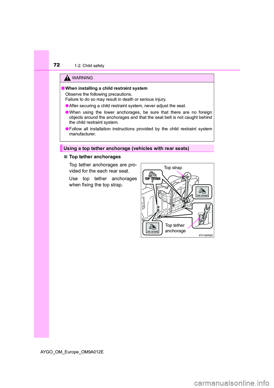 TOYOTA AYGO 2021  Owners Manual 721-2. Child safety
AYGO_OM_Europe_OM9A012E 
■Top tether anchorages 
Top tether anchorages are pro- 
vided for the each rear seat. 
Use top tether anchorages 
when fixing the top strap.
WARNING
■ 