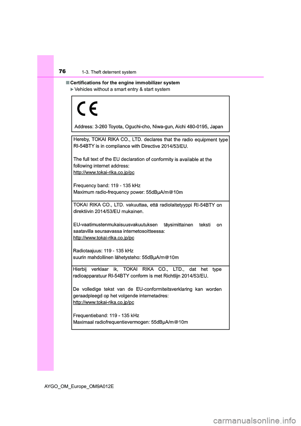 TOYOTA AYGO 2021  Owners Manual 761-3. Theft deterrent system
AYGO_OM_Europe_OM9A012E 
■ Certifications for the engine immobilizer system
Vehicles without a smart entry & start system 