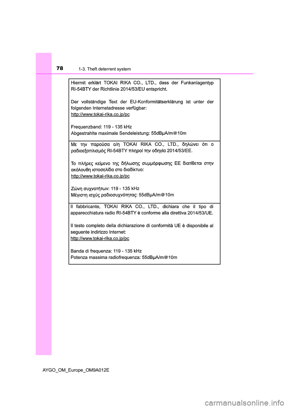 TOYOTA AYGO 2021  Owners Manual 781-3. Theft deterrent system
AYGO_OM_Europe_OM9A012E 
