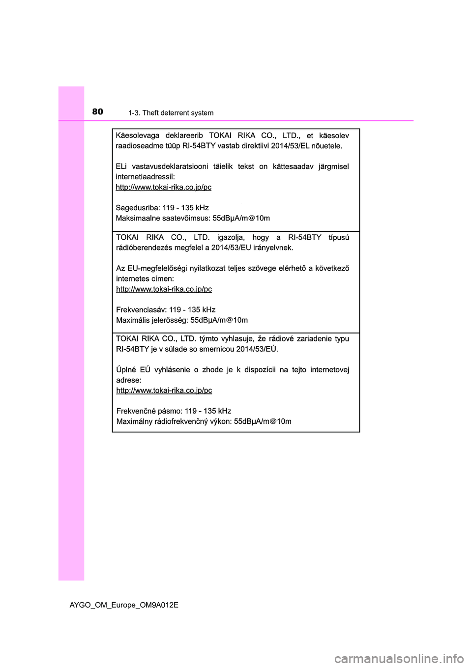 TOYOTA AYGO 2021  Owners Manual 801-3. Theft deterrent system
AYGO_OM_Europe_OM9A012E 