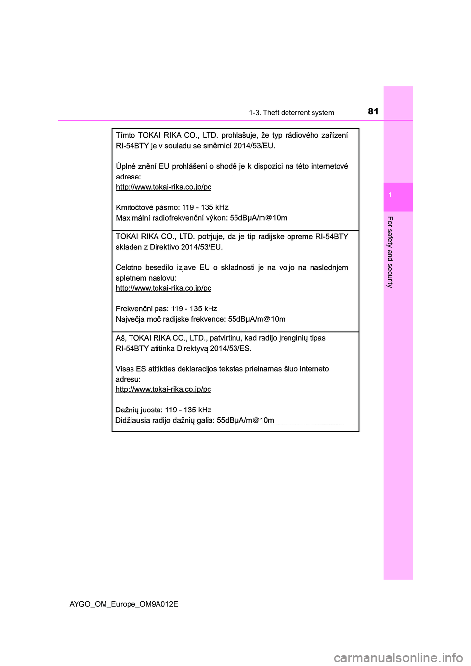 TOYOTA AYGO 2021  Owners Manual 811-3. Theft deterrent system
1
For safety and security
AYGO_OM_Europe_OM9A012E 