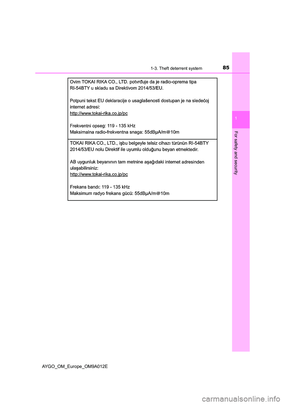 TOYOTA AYGO 2021  Owners Manual 851-3. Theft deterrent system
1
For safety and security
AYGO_OM_Europe_OM9A012E 