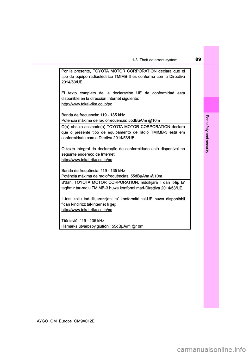 TOYOTA AYGO 2021  Owners Manual 891-3. Theft deterrent system
1
For safety and security
AYGO_OM_Europe_OM9A012E 