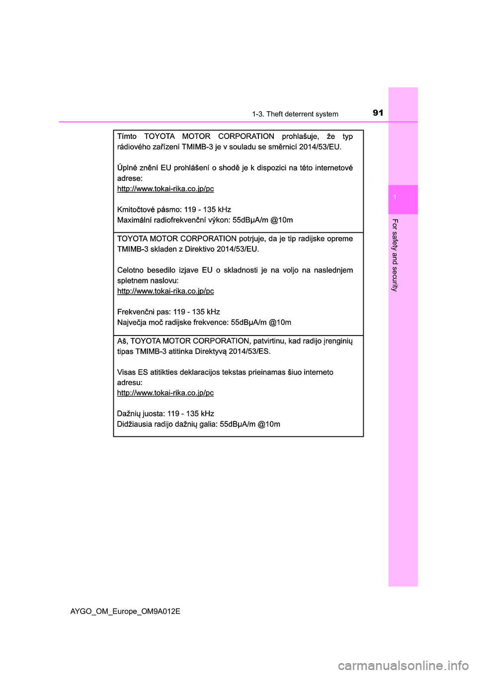 TOYOTA AYGO 2021  Owners Manual 911-3. Theft deterrent system
1
For safety and security
AYGO_OM_Europe_OM9A012E 