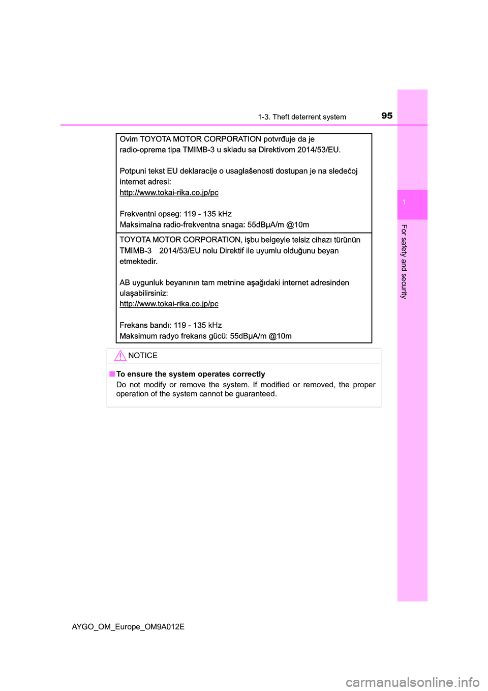 TOYOTA AYGO 2021  Owners Manual 951-3. Theft deterrent system
1
For safety and security
AYGO_OM_Europe_OM9A012E
NOTICE
■To ensure the system operates correctly 
Do not modify or remove the system. If modified or removed, the prope