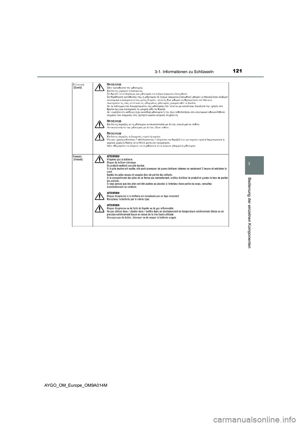 TOYOTA AYGO 2021  Betriebsanleitungen (in German) 1213-1. Informationen zu Schlüsseln
3
Bedienung der einzelnen Komponenten
AYGO_OM_Europe_OM9A014M 