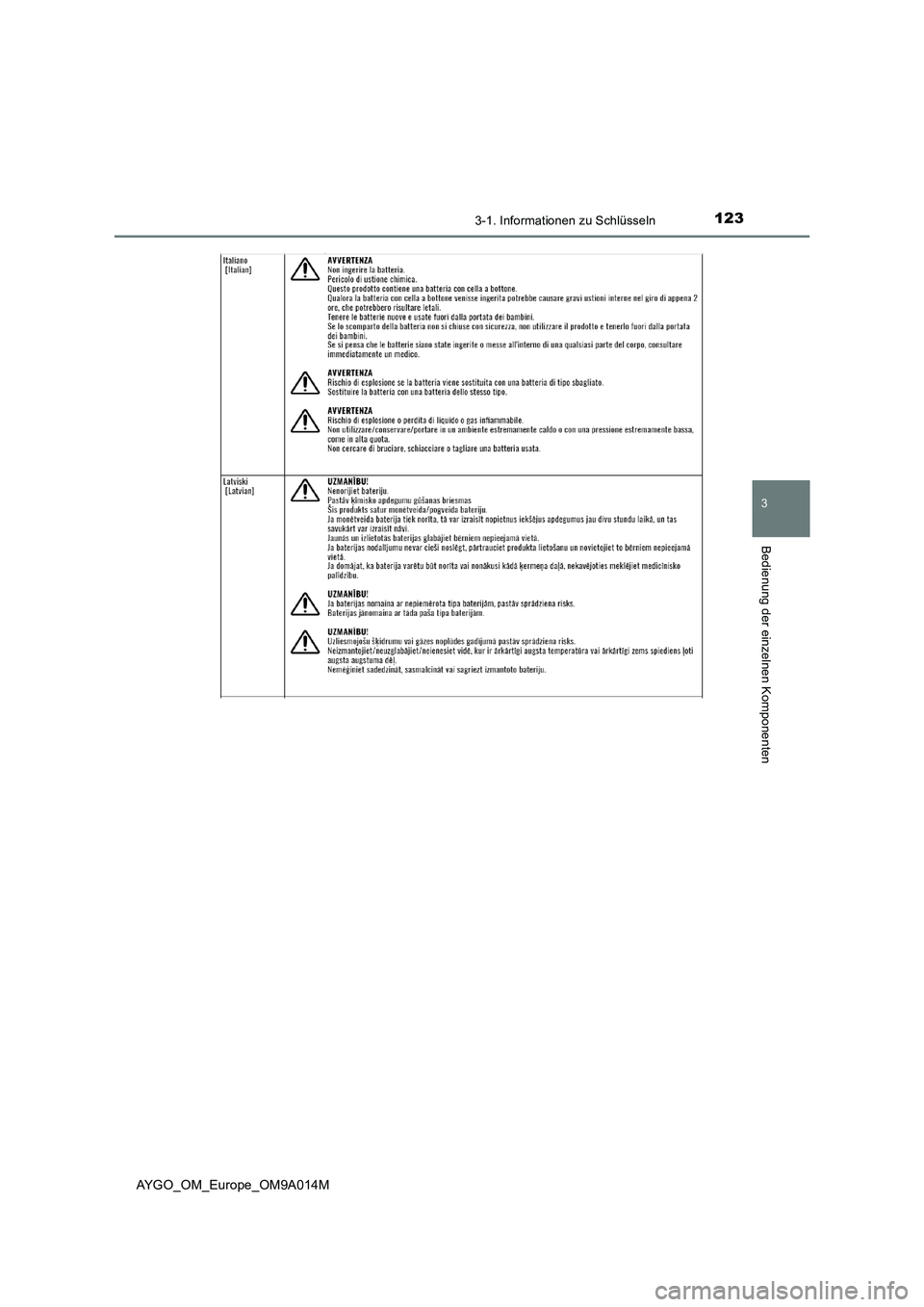 TOYOTA AYGO 2021  Betriebsanleitungen (in German) 1233-1. Informationen zu Schlüsseln
3
Bedienung der einzelnen Komponenten
AYGO_OM_Europe_OM9A014M 