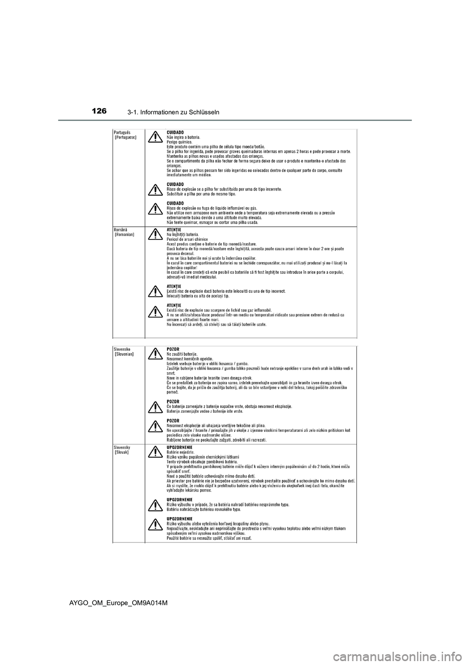 TOYOTA AYGO 2021  Betriebsanleitungen (in German) 1263-1. Informationen zu Schlüsseln
AYGO_OM_Europe_OM9A014M 