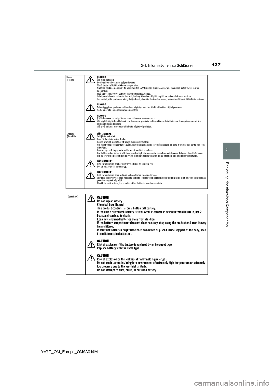 TOYOTA AYGO 2021  Betriebsanleitungen (in German) 1273-1. Informationen zu Schlüsseln
3
Bedienung der einzelnen Komponenten
AYGO_OM_Europe_OM9A014M 