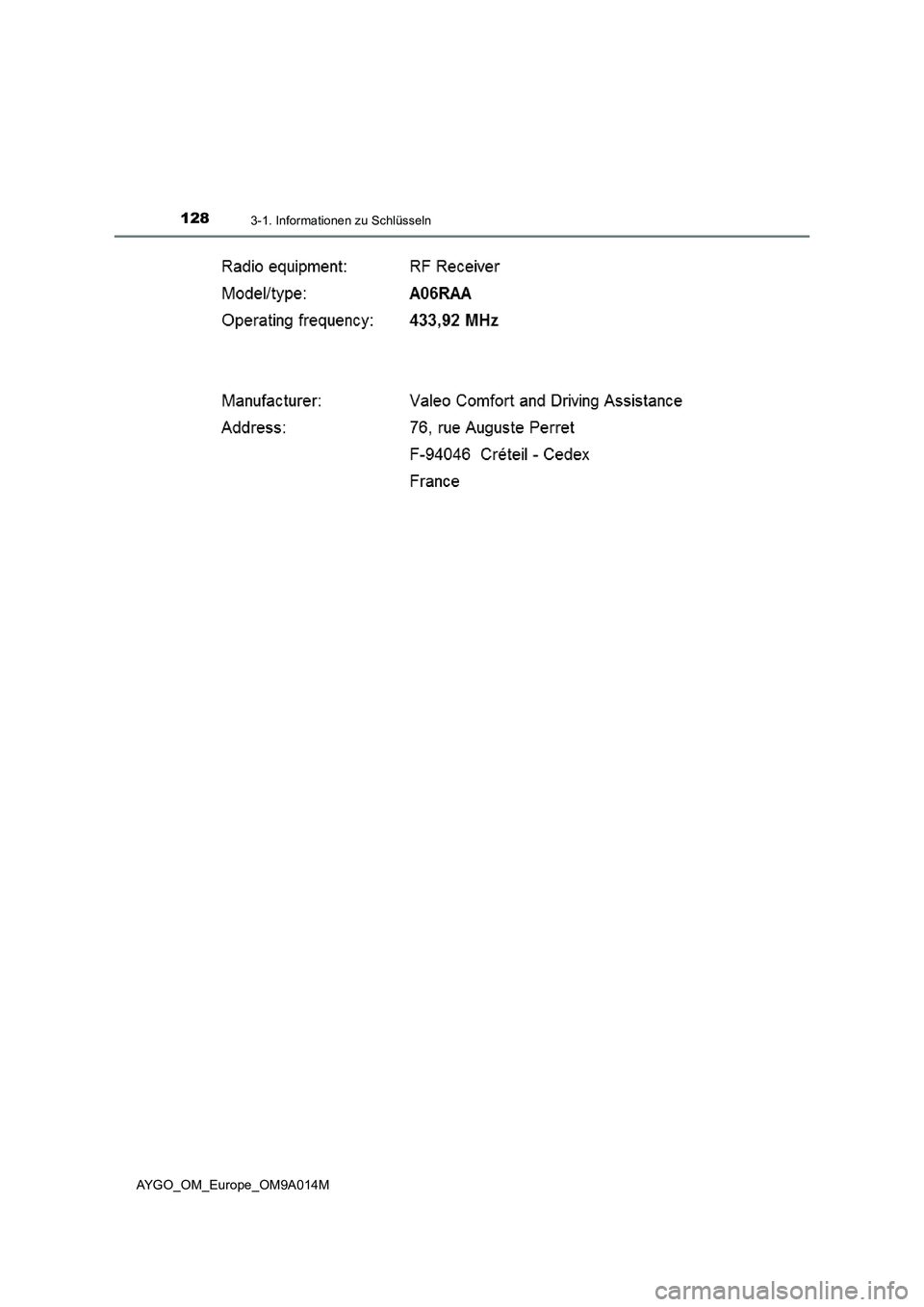 TOYOTA AYGO 2021  Betriebsanleitungen (in German) 1283-1. Informationen zu Schlüsseln
AYGO_OM_Europe_OM9A014M 