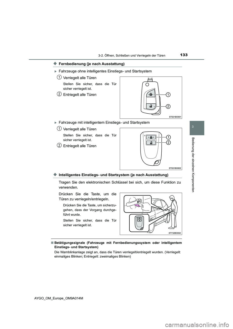 TOYOTA AYGO 2021 Betriebsanleitungen (in German) 1333-2. Öffnen, Schließen und Verriegeln der Türen
3
Bedienung der einzelnen Komponenten
AYGO_OM_Europe_OM9A014M
◆Fernbedienung (je nach Ausstattung)
Fahrzeuge ohne intelligentes Einstiegs- un TOYOTA AYGO 2021 Betriebsanleitungen (in German) 1333-2. Öffnen, Schließen und Verriegeln der Türen
3
Bedienung der einzelnen Komponenten
AYGO_OM_Europe_OM9A014M
◆Fernbedienung (je nach Ausstattung)
Fahrzeuge ohne intelligentes Einstiegs- un