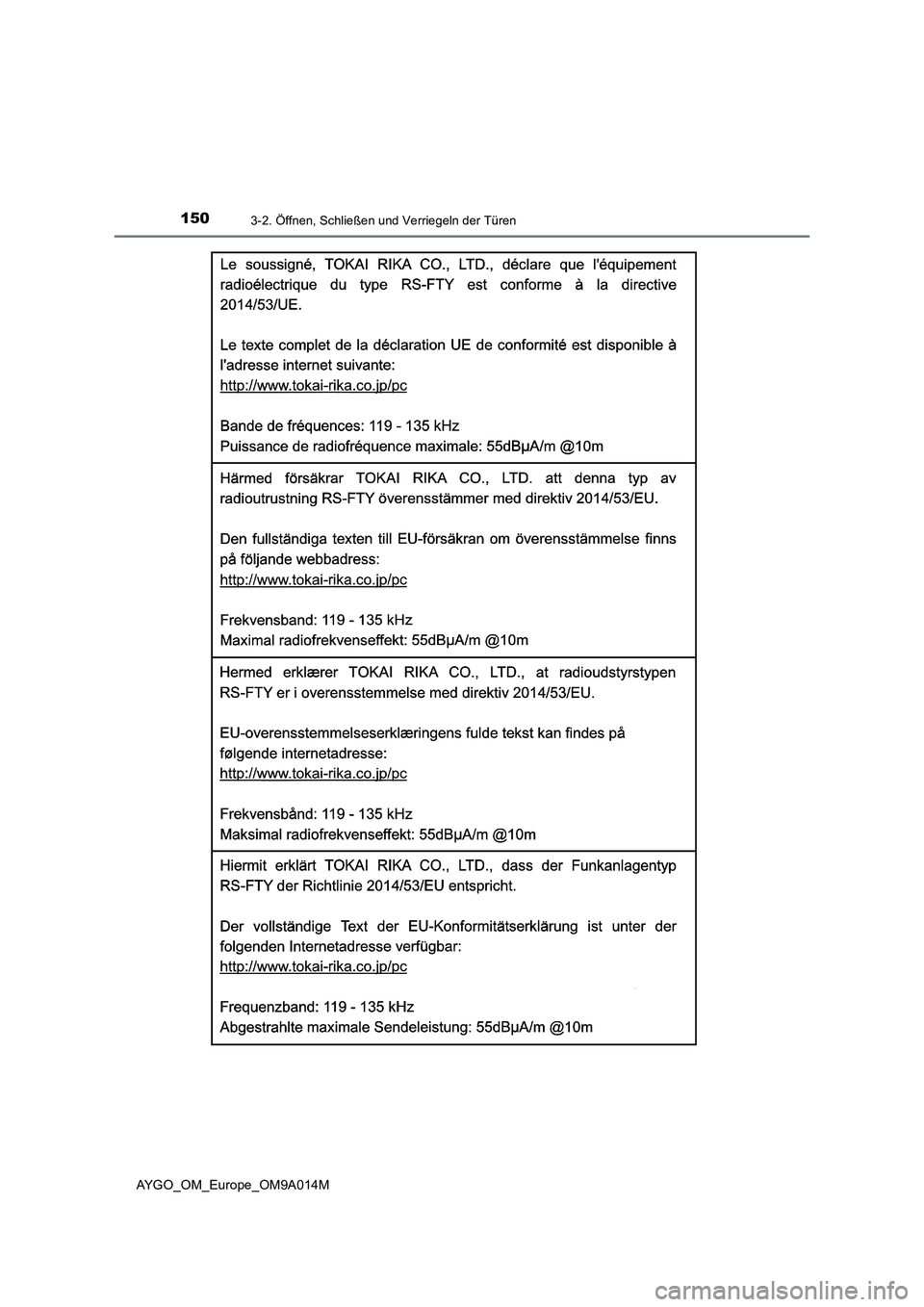 TOYOTA AYGO 2021  Betriebsanleitungen (in German) 1503-2. Öffnen, Schließen und Verriegeln der Türen
AYGO_OM_Europe_OM9A014M 