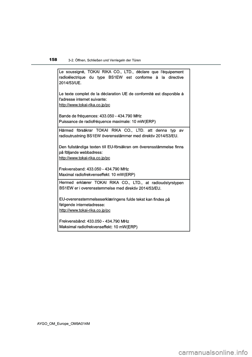 TOYOTA AYGO 2021  Betriebsanleitungen (in German) 1583-2. Öffnen, Schließen und Verriegeln der Türen
AYGO_OM_Europe_OM9A014M 