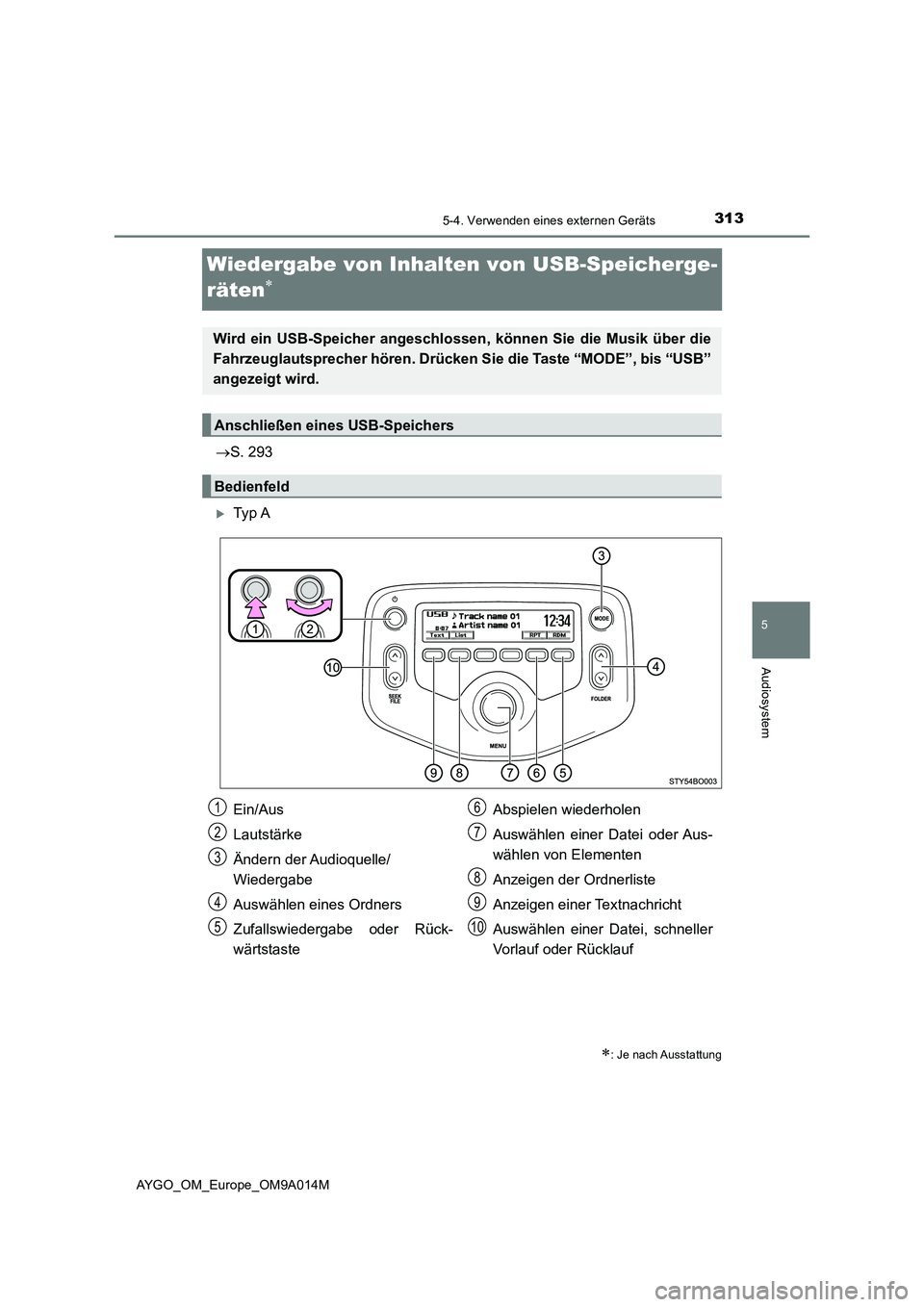 TOYOTA AYGO 2021  Betriebsanleitungen (in German) 313
5
5-4. Verwenden eines externen Geräts
Audiosystem
AYGO_OM_Europe_OM9A014M
Wiedergabe von Inhalten von USB-Speicherge-
räten

S. 293
Ty p  A
: Je nach Ausstattung
Wird ein USB-Speich
