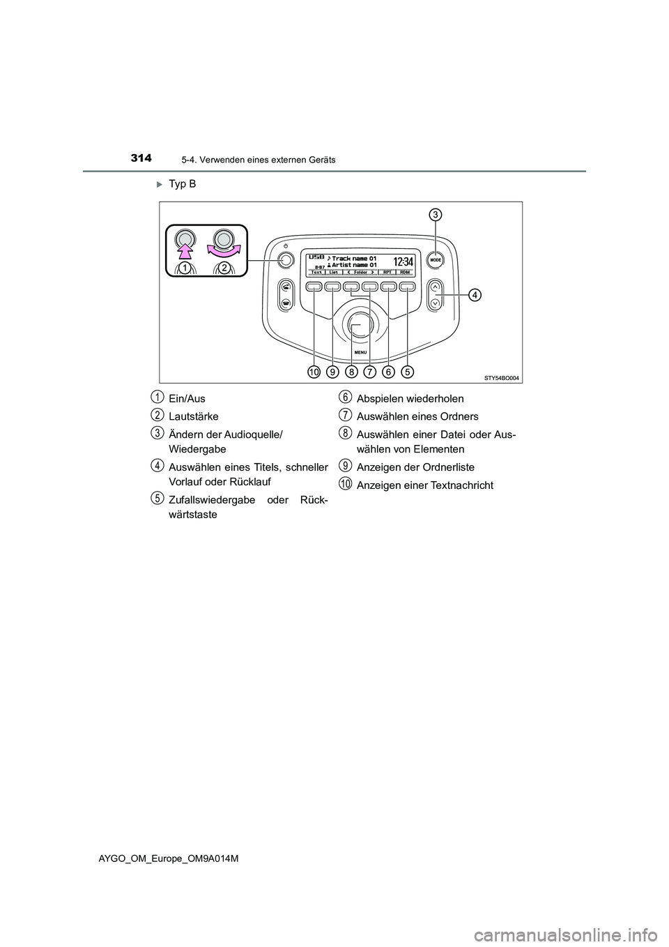 TOYOTA AYGO 2021  Betriebsanleitungen (in German) 3145-4. Verwenden eines externen Geräts
AYGO_OM_Europe_OM9A014M
Ty p  B
Ein/Aus
Lautstärke
Ändern der Audioquelle/
Wiedergabe
Auswählen eines Titels, schneller
Vorlauf oder Rücklauf
Zufallswie