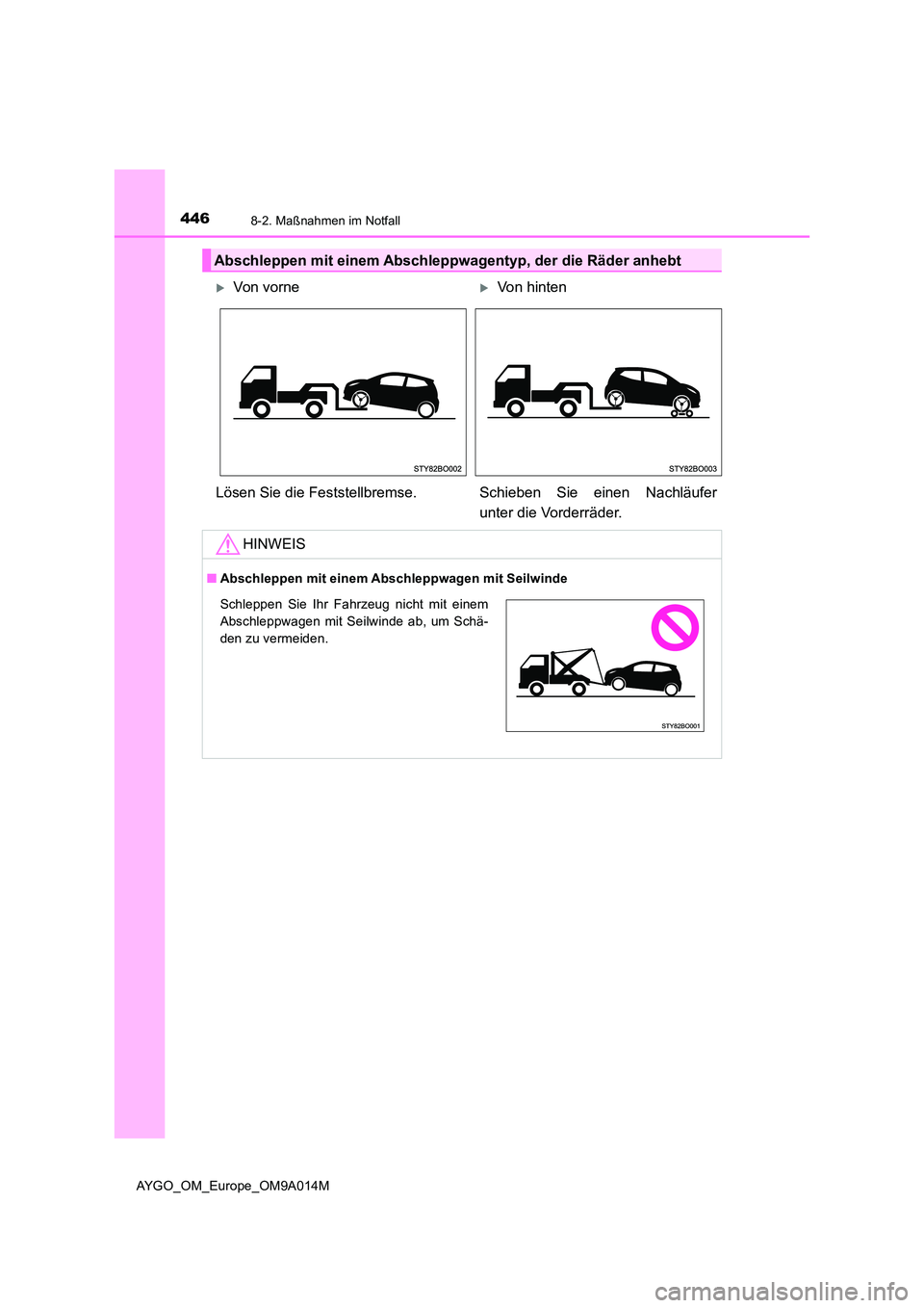 TOYOTA AYGO 2021  Betriebsanleitungen (in German) 4468-2. Maßnahmen im Notfall
AYGO_OM_Europe_OM9A014M
Abschleppen mit einem Abschleppwagentyp, der die Räder anhebt
Von vorneVon hinten 
Lösen Sie die Feststellbremse. Schieben  Sie  einen  Na
