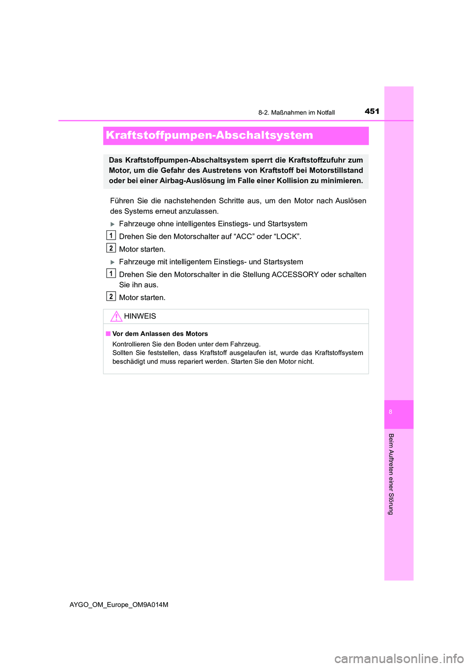 TOYOTA AYGO 2021  Betriebsanleitungen (in German) 4518-2. Maßnahmen im Notfall
8
Beim Auftreten einer Störung
AYGO_OM_Europe_OM9A014M
Kraftstoffpumpen-Abschaltsystem
Führen Sie die nachstehenden Schritte aus, um den Motor nach Auslösen 
des Syste