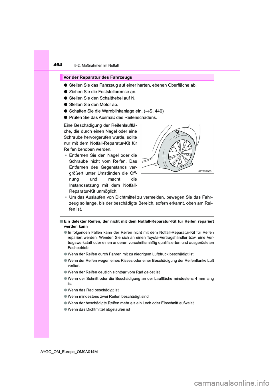 TOYOTA AYGO 2021  Betriebsanleitungen (in German) 4648-2. Maßnahmen im Notfall
AYGO_OM_Europe_OM9A014M
●Stellen Sie das Fahrzeug auf einer harten, ebenen Oberfläche ab. 
● Ziehen Sie die Feststellbremse an. 
● Stellen Sie den Schalthebel auf 