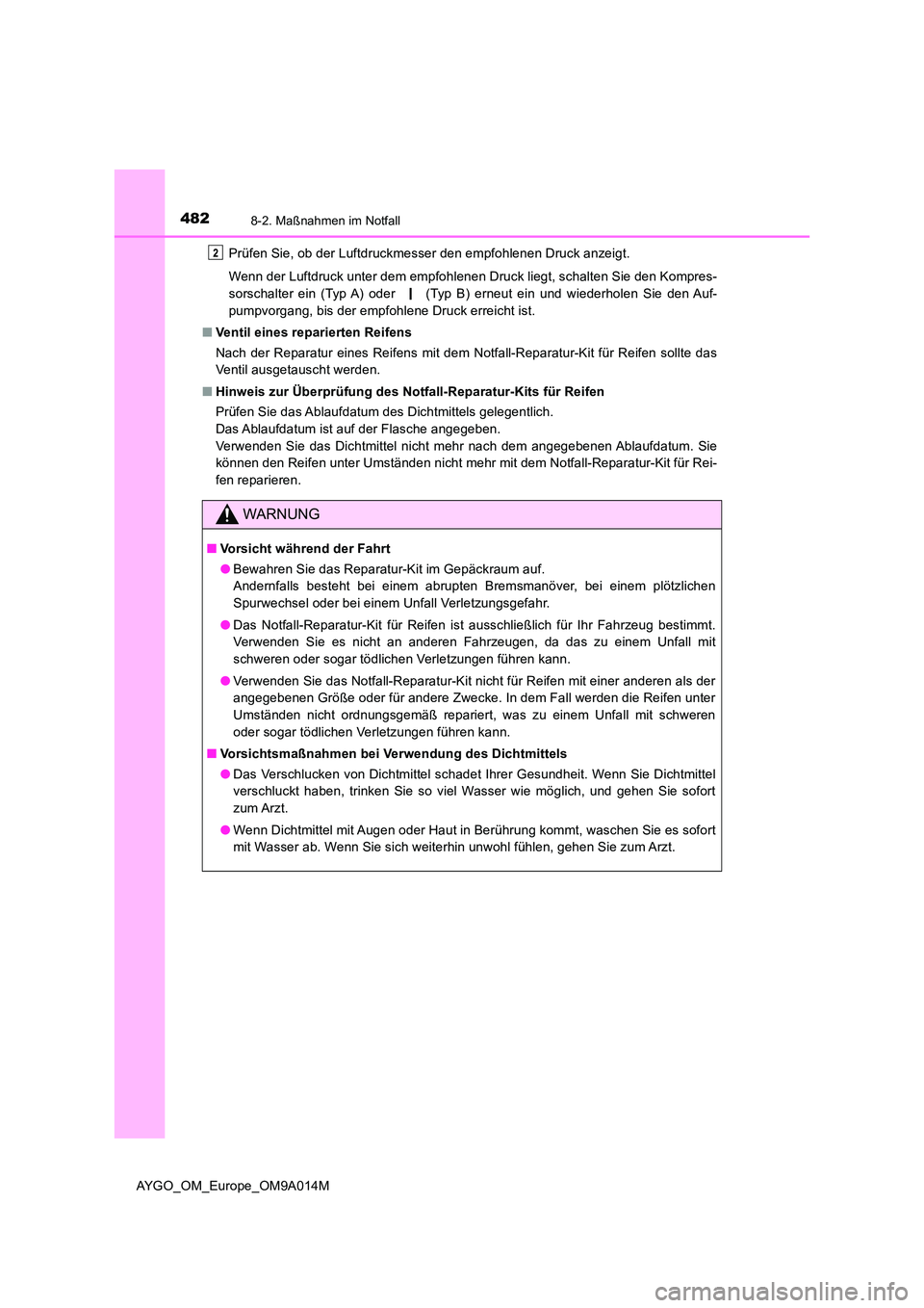TOYOTA AYGO 2021  Betriebsanleitungen (in German) 4828-2. Maßnahmen im Notfall
AYGO_OM_Europe_OM9A014M 
Prüfen Sie, ob der Luftdruckmesser den empfohlenen Druck anzeigt. 
Wenn der Luftdruck unter dem empfohlenen Druck liegt, schalten Sie den Kompre