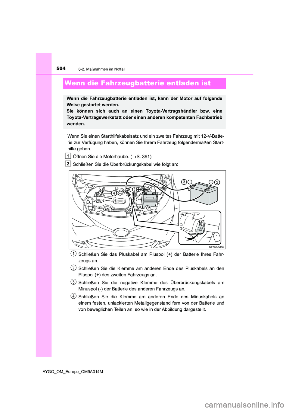 TOYOTA AYGO 2021  Betriebsanleitungen (in German) 5048-2. Maßnahmen im Notfall
AYGO_OM_Europe_OM9A014M
Wenn die Fahrzeugbatterie entladen ist
Wenn Sie einen Starthilfekabelsatz und ein zweites Fahrzeug mit 12-V-Batte- 
rie zur Verfügung haben, kön