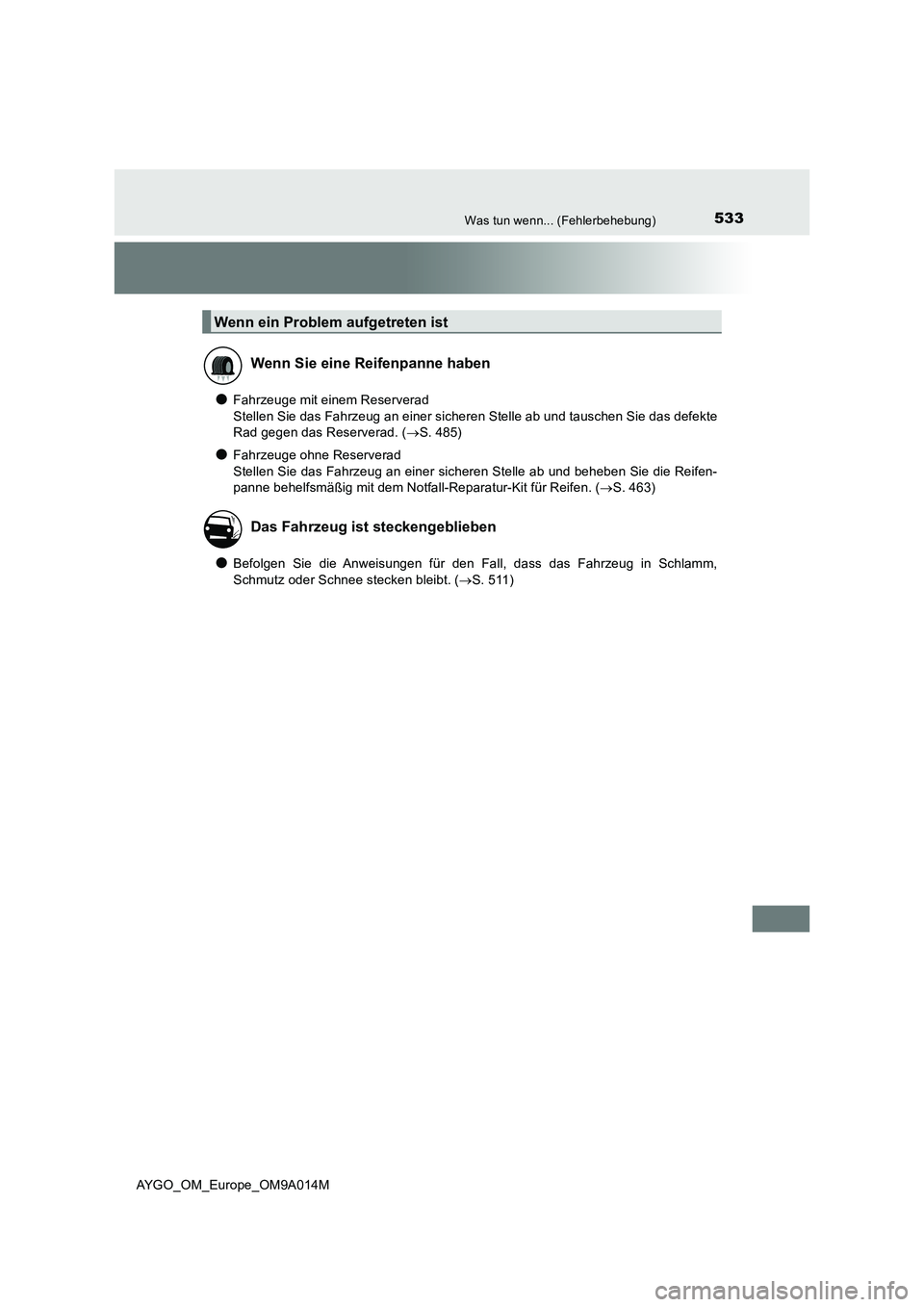 TOYOTA AYGO 2021  Betriebsanleitungen (in German) 533Was tun wenn... (Fehlerbehebung)
AYGO_OM_Europe_OM9A014M
●Fahrzeuge mit einem Reserverad 
Stellen Sie das Fahrzeug an einer sicheren Stelle ab und tauschen Sie das defekte
Rad gegen das Reservera