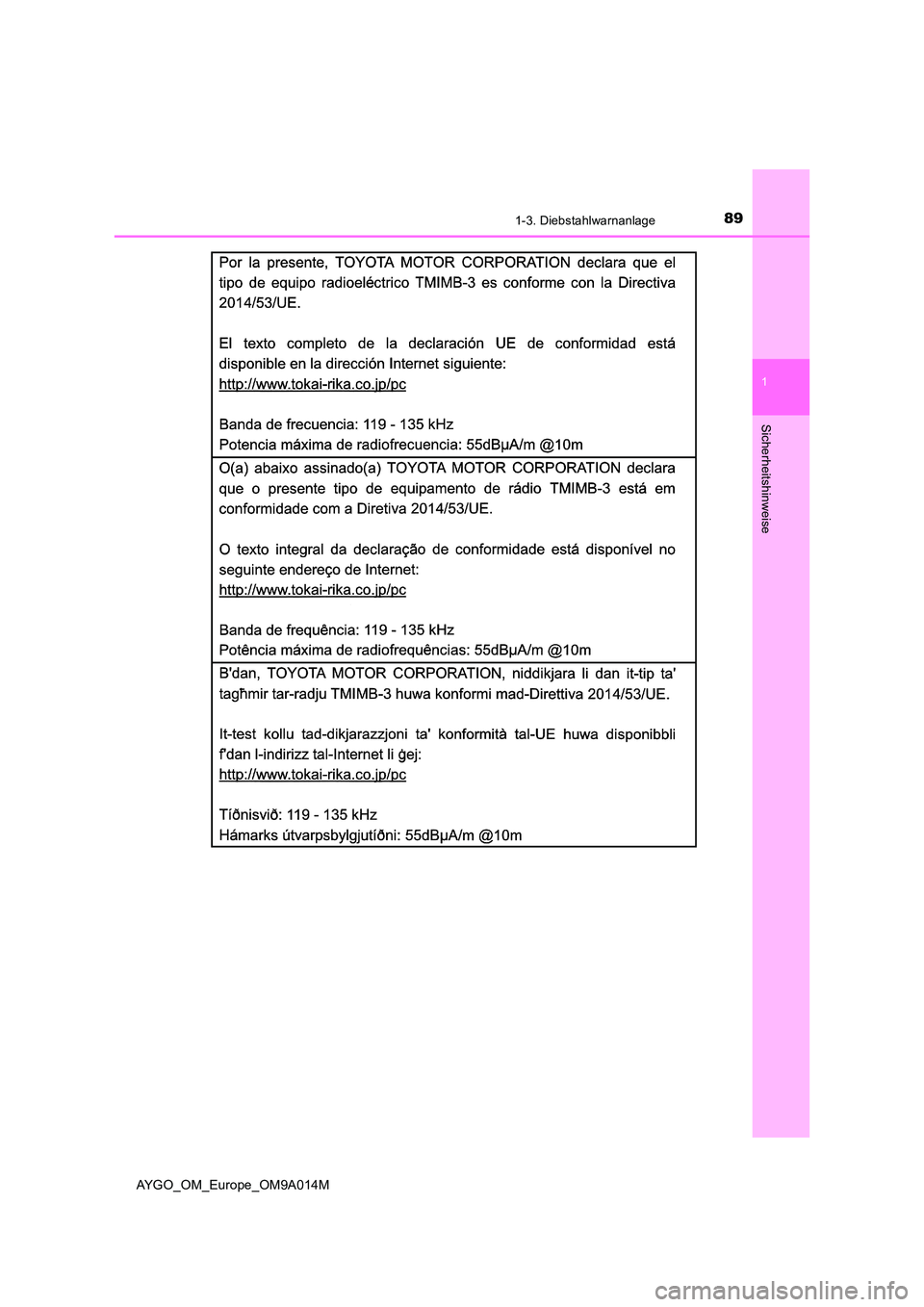 TOYOTA AYGO 2021  Betriebsanleitungen (in German) 891-3. Diebstahlwarnanlage
1
Sicherheitshinweise
AYGO_OM_Europe_OM9A014M 