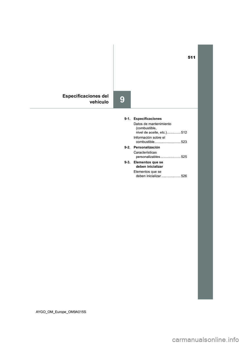 TOYOTA AYGO 2021  Manual del propietario (in Spanish) 511
9
Especificaciones del
vehículo
AYGO_OM_Europe_OM9A015S9-1. Especificaciones
Datos de mantenimiento 
(combustible, 
nivel de aceite, etc.) .............. 512
Información sobre el 
combustible...
