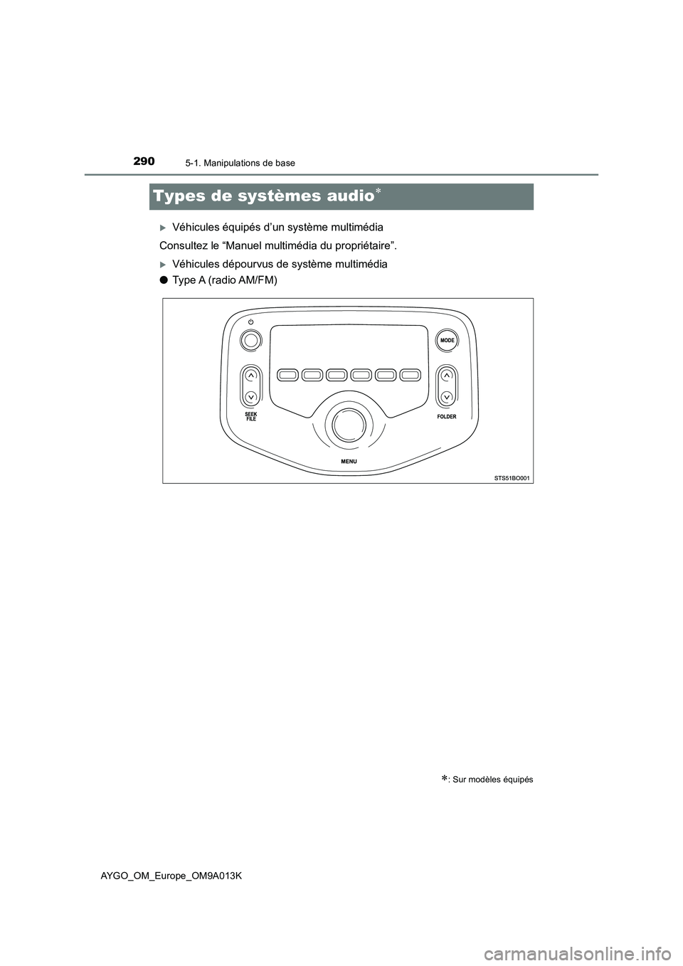 TOYOTA AYGO 2021  Manuel du propriétaire (in French) 2905-1. Manipulations de base
AYGO_OM_Europe_OM9A013K
Types de systèmes audio
Véhicules équipés d’un système multimédia
Consultez le “Manuel multimédia du propriétaire”.
Véhicu