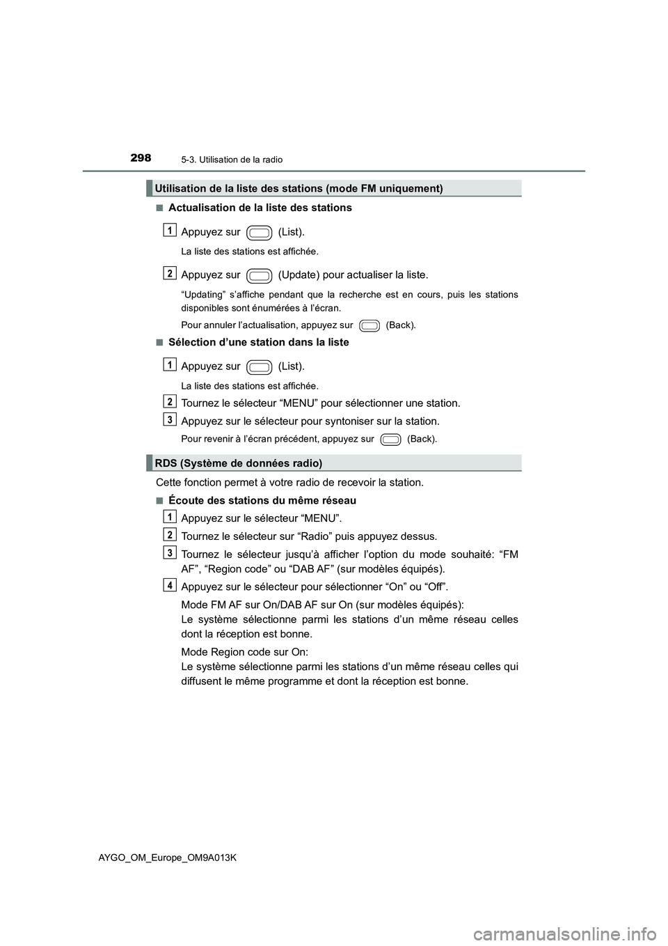 TOYOTA AYGO 2021 Manuel du propriétaire (in French) 2985-3. Utilisation de la radio
AYGO_OM_Europe_OM9A013K
■Actualisation de la liste des stations
Appuyez sur (List).
La liste des stations est affichée.
Appuyez sur (Update) pour actualiser la TOYOTA AYGO 2021 Manuel du propriétaire (in French) 2985-3. Utilisation de la radio
AYGO_OM_Europe_OM9A013K
■Actualisation de la liste des stations
Appuyez sur (List).
La liste des stations est affichée.
Appuyez sur (Update) pour actualiser la