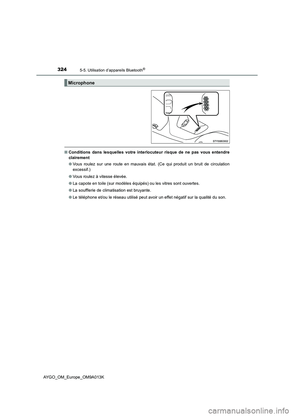 TOYOTA AYGO 2021  Manuel du propriétaire (in French) 3245-5. Utilisation d’appareils Bluetooth®
AYGO_OM_Europe_OM9A013K
■Conditions dans lesquelles votre interlocuteur risque de ne pas vous entendre
clairement
●Vous roulez sur une route en mauvai