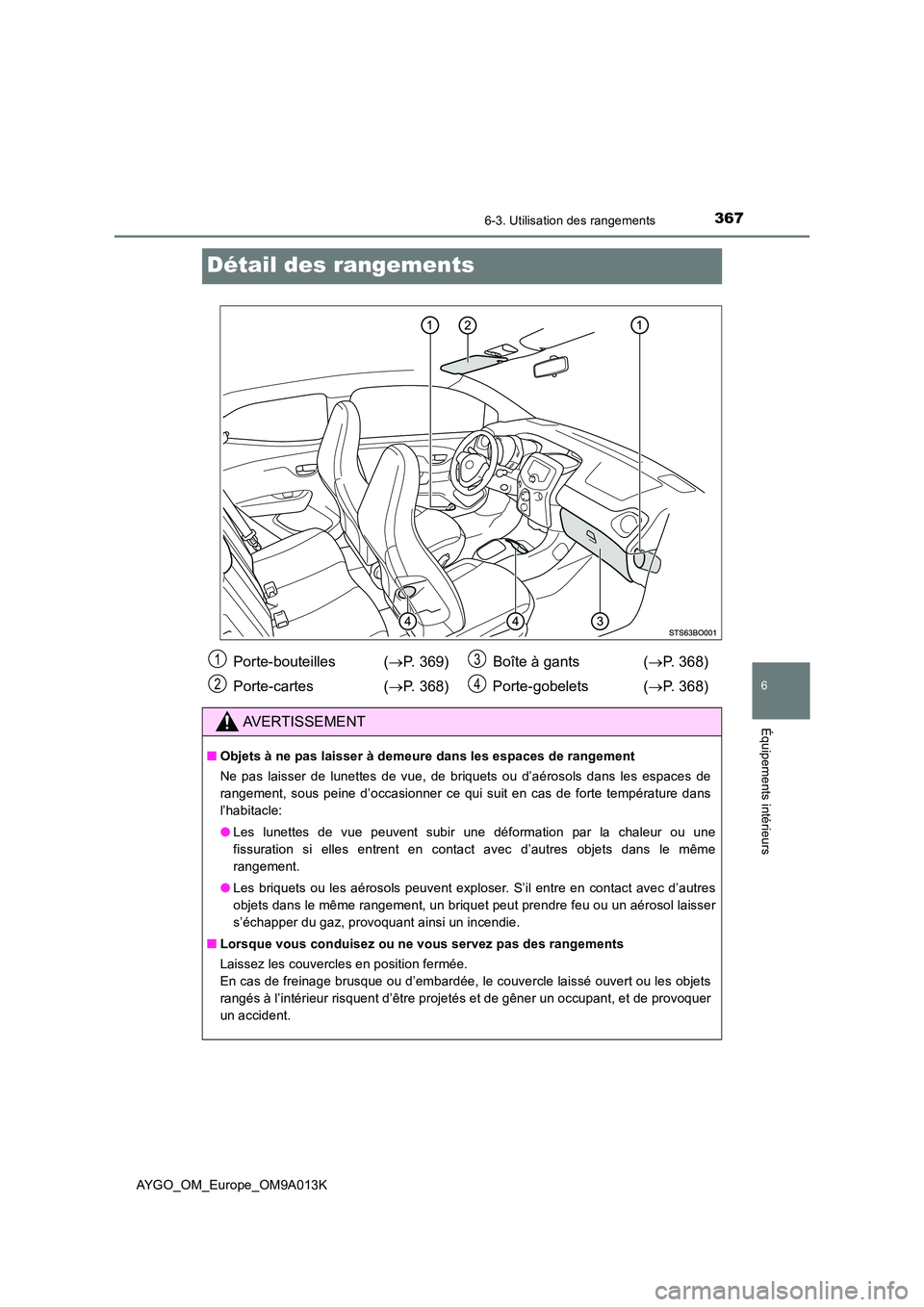 TOYOTA AYGO 2021 Manuel du propriétaire (in French) 3676-3. Utilisation des rangements
6
Équipements intérieurs
AYGO_OM_Europe_OM9A013K
Détail des rangements
Porte-bouteilles (P. 369)
Porte-cartes ( P. 368)
Boîte à gants ( P. 368)
Por TOYOTA AYGO 2021 Manuel du propriétaire (in French) 3676-3. Utilisation des rangements
6
Équipements intérieurs
AYGO_OM_Europe_OM9A013K
Détail des rangements
Porte-bouteilles (P. 369)
Porte-cartes ( P. 368)
Boîte à gants ( P. 368)
Por