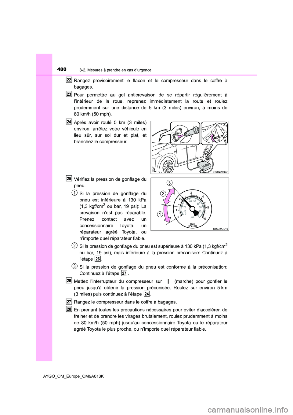 TOYOTA AYGO 2021 Manuel du propriétaire (in French) 4808-2. Mesures à prendre en cas d’urgence
AYGO_OM_Europe_OM9A013K
Rangez provisoirement le flacon et le compresseur dans le coffre à
bagages.
Pour permettre au gel anticrevaison de se répartir TOYOTA AYGO 2021 Manuel du propriétaire (in French) 4808-2. Mesures à prendre en cas d’urgence
AYGO_OM_Europe_OM9A013K
Rangez provisoirement le flacon et le compresseur dans le coffre à
bagages.
Pour permettre au gel anticrevaison de se répartir