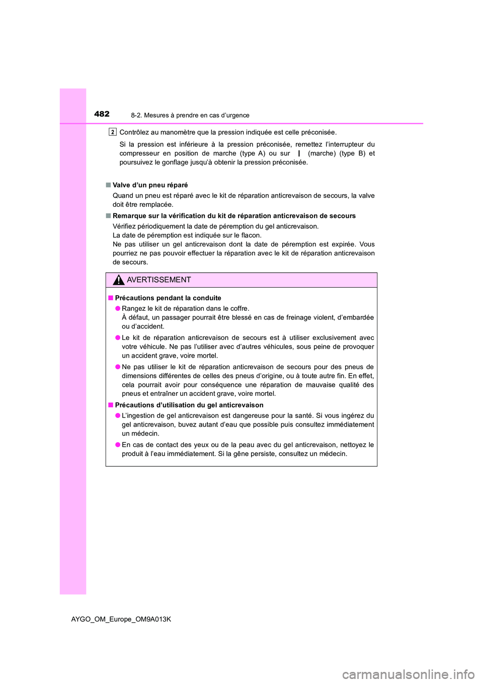 TOYOTA AYGO 2021 Manuel du propriétaire (in French) 4828-2. Mesures à prendre en cas d’urgence
AYGO_OM_Europe_OM9A013K
Contrôlez au manomètre que la pression indiquée est celle préconisée.
Si la pression est inférieure à la pression précon TOYOTA AYGO 2021 Manuel du propriétaire (in French) 4828-2. Mesures à prendre en cas d’urgence
AYGO_OM_Europe_OM9A013K
Contrôlez au manomètre que la pression indiquée est celle préconisée.
Si la pression est inférieure à la pression précon