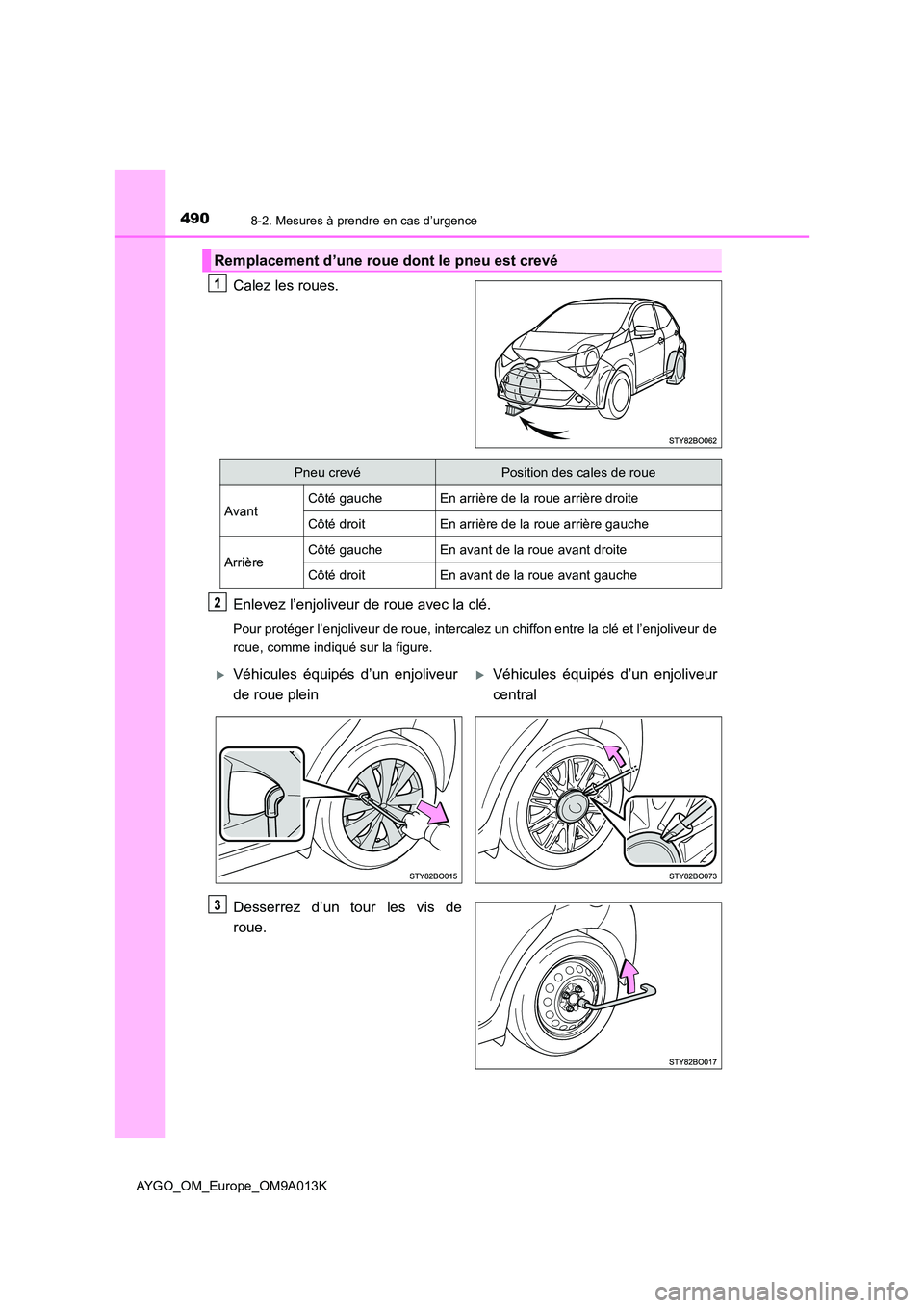 TOYOTA AYGO 2021  Manuel du propriétaire (in French) 4908-2. Mesures à prendre en cas d’urgence
AYGO_OM_Europe_OM9A013K
Calez les roues. 
Enlevez l’enjoliveur de roue avec la clé.
Pour protéger l’enjoliveur de roue, intercalez un chiffon entre 