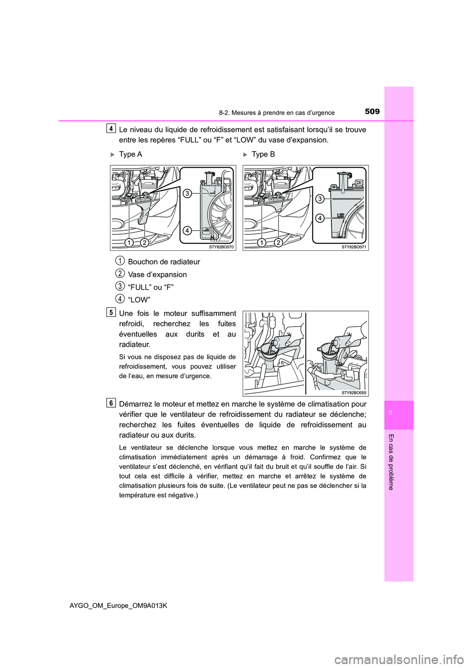 TOYOTA AYGO 2021 Manuel du propriétaire (in French) 5098-2. Mesures à prendre en cas d’urgence
8
En cas de problème
AYGO_OM_Europe_OM9A013K
Le niveau du liquide de refroidissement est satisfaisant lorsqu’il se trouve
entre les repères “FULL TOYOTA AYGO 2021 Manuel du propriétaire (in French) 5098-2. Mesures à prendre en cas d’urgence
8
En cas de problème
AYGO_OM_Europe_OM9A013K
Le niveau du liquide de refroidissement est satisfaisant lorsqu’il se trouve
entre les repères “FULL