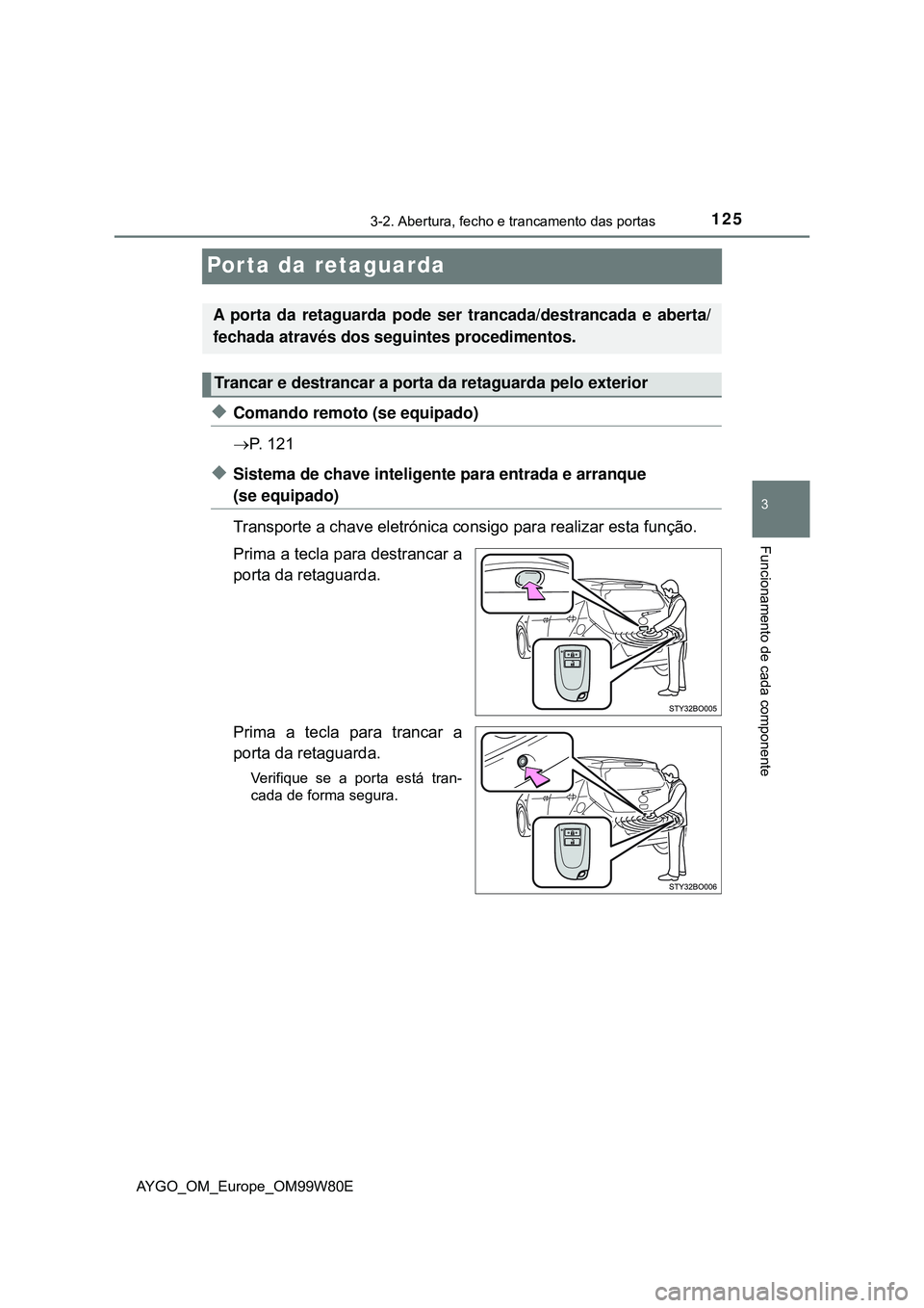 TOYOTA AYGO 2021  Manual de utilização (in Portuguese) 125
3
3-2. Abertura, fecho e trancamento das portas
Funcionamento de cada componente
AYGO_OM_Europe_OM99W80E
Porta da retaguarda
Comando remoto (se equipado)
P.  1 2 1
Sistema de chave inteli