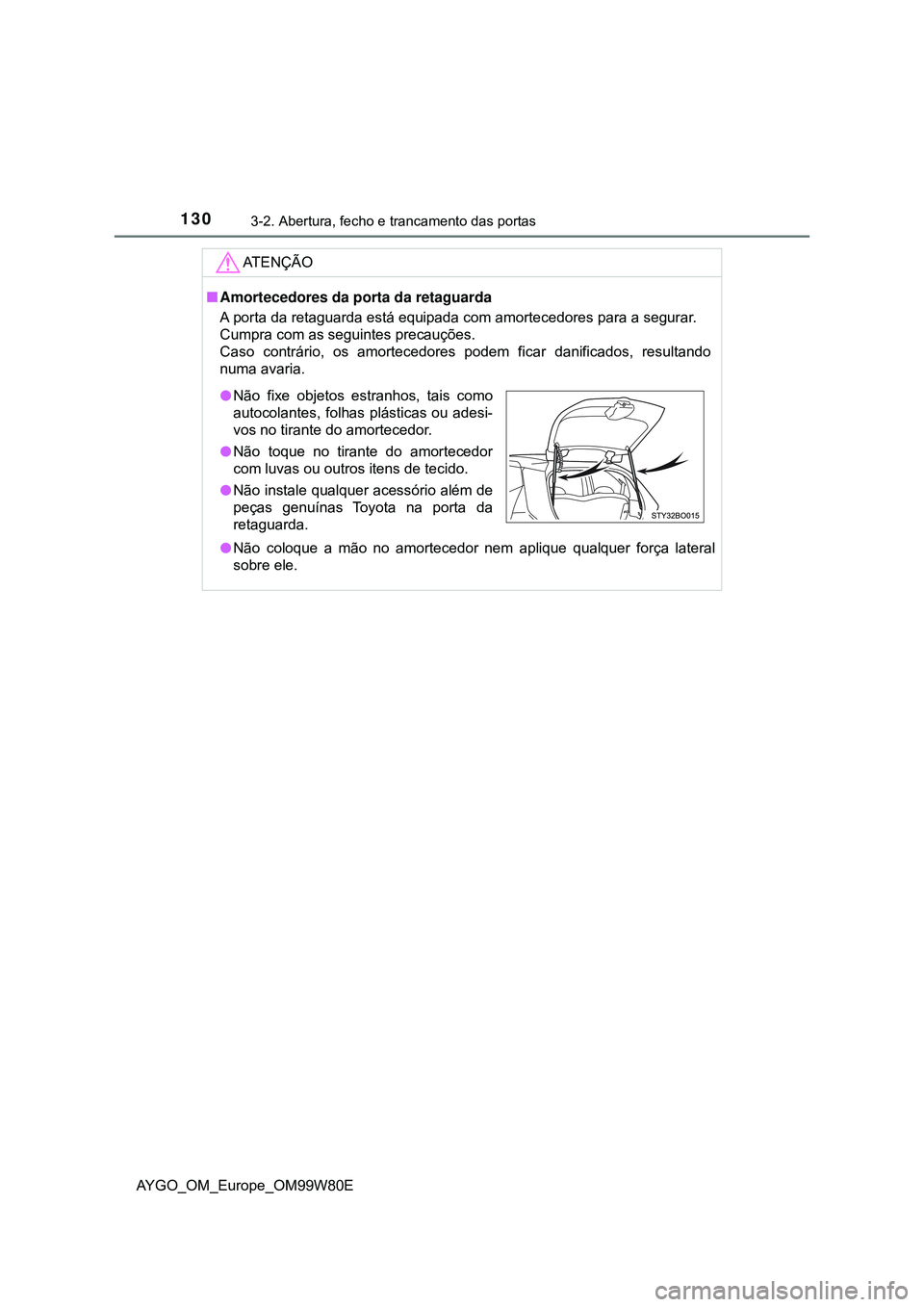 TOYOTA AYGO 2021  Manual de utilização (in Portuguese) 1303-2. Abertura, fecho e trancamento das portas
AYGO_OM_Europe_OM99W80E
AT E N Ç Ã O
Amortecedores da porta da retaguarda
A porta da retaguarda está equipada com amortecedores para a segurar.
C