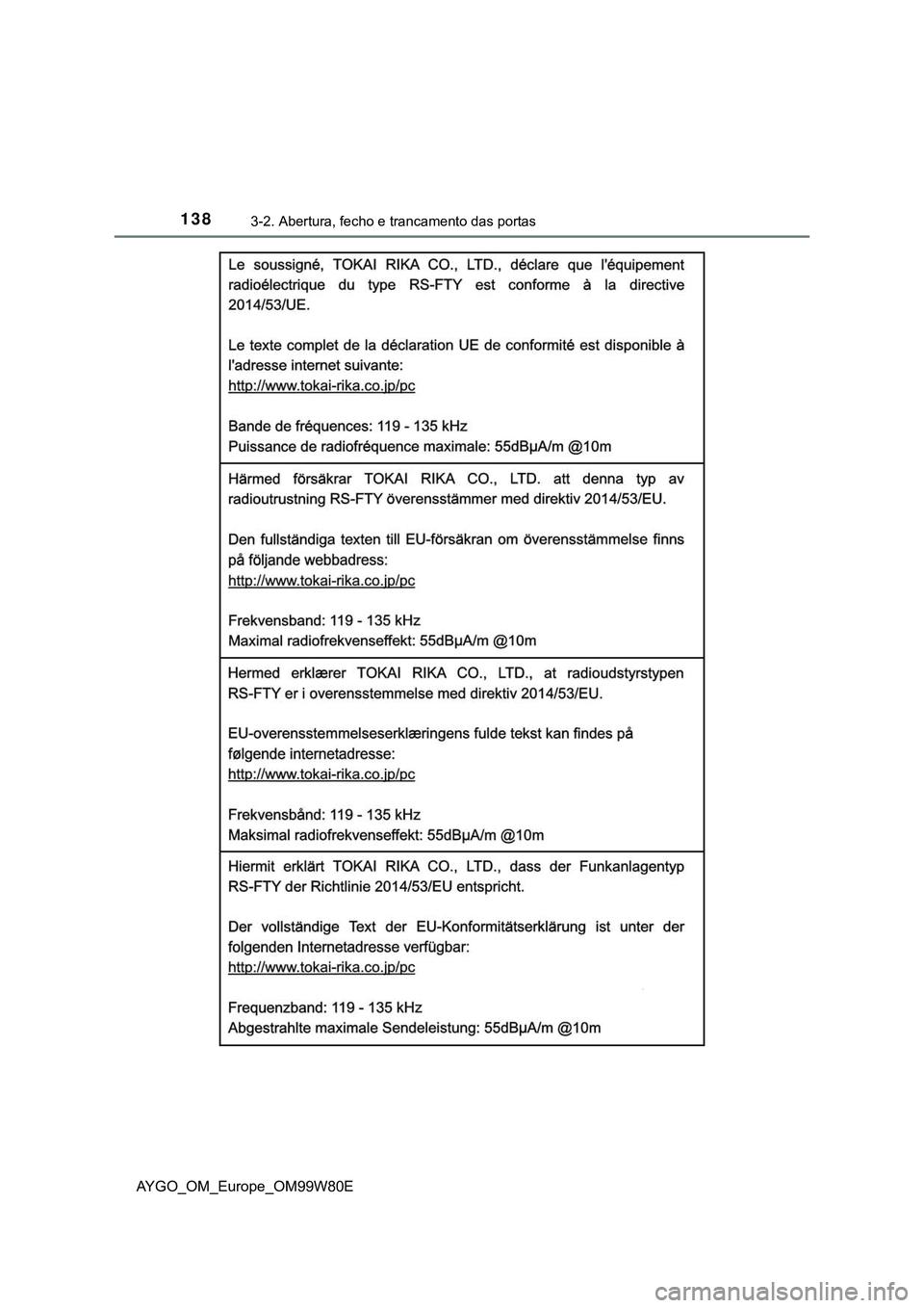 TOYOTA AYGO 2021  Manual de utilização (in Portuguese) 1383-2. Abertura, fecho e trancamento das portas
AYGO_OM_Europe_OM99W80E 
