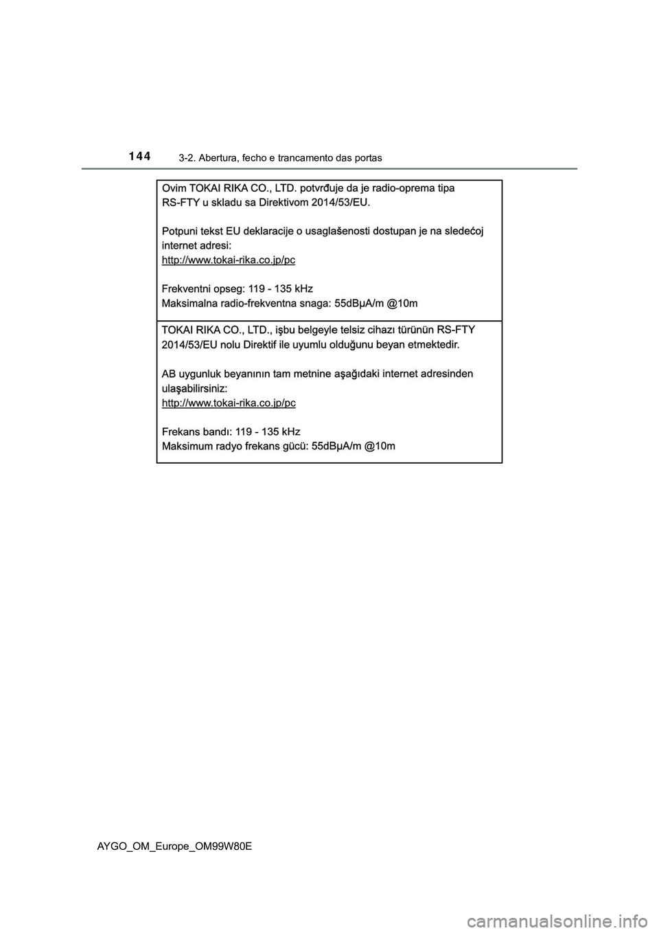 TOYOTA AYGO 2021  Manual de utilização (in Portuguese) 1443-2. Abertura, fecho e trancamento das portas
AYGO_OM_Europe_OM99W80E 